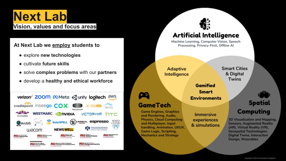 Slide from the ASU Next Lab presentation outlining their vision, values, and focus areas, emphasizing student employment in exploring new technologies, cultivating skills, solving complex problems, and developing an ethical workforce.